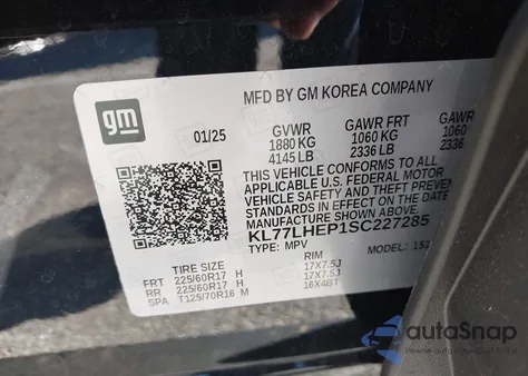 2025 Chevrolet Trax Fwd Lt from USA, damaged, VIN KL77LHEP1SC227285